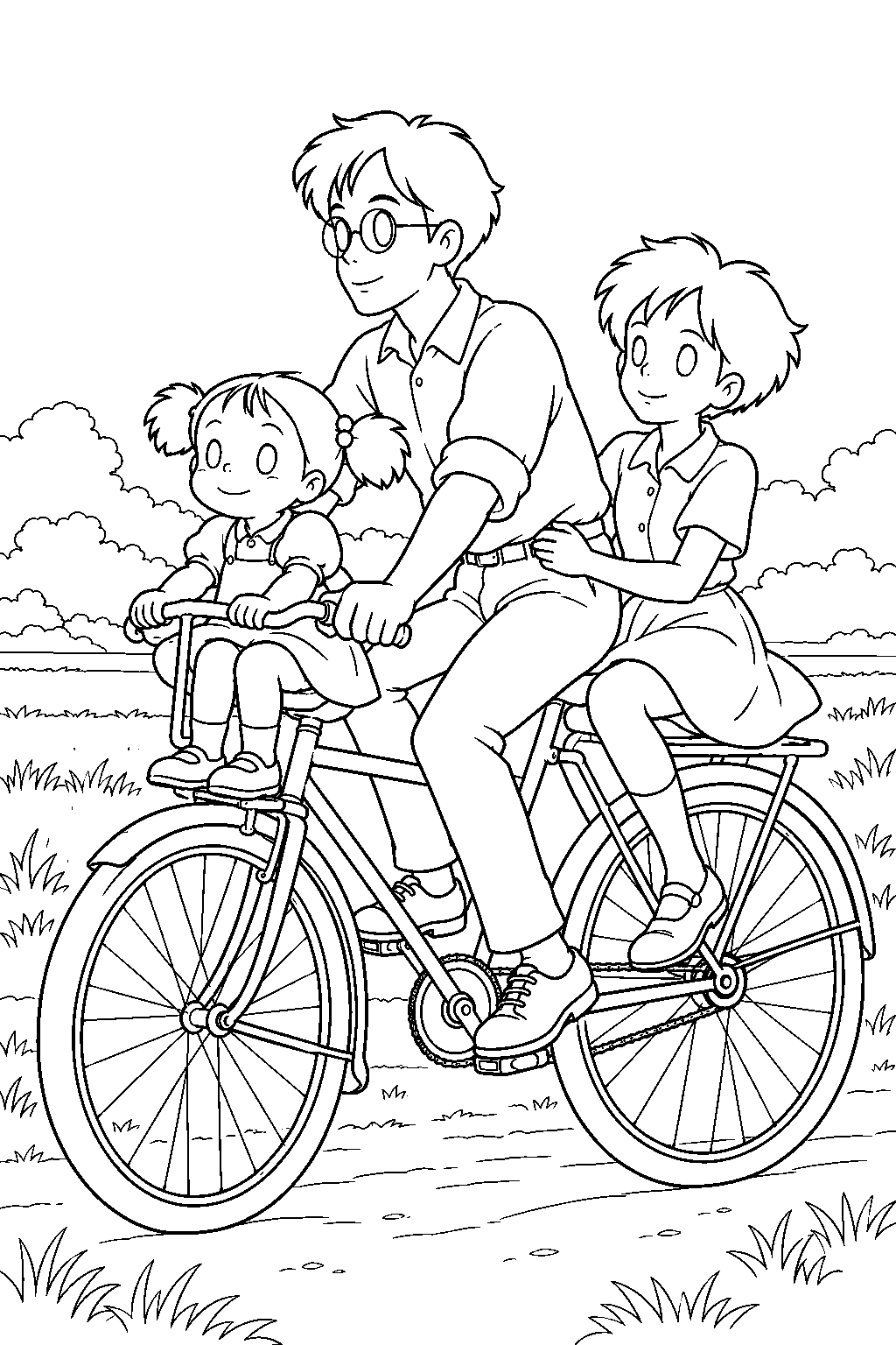 my neighbor totoro mei riding on her father s bicycle with satsuki line art