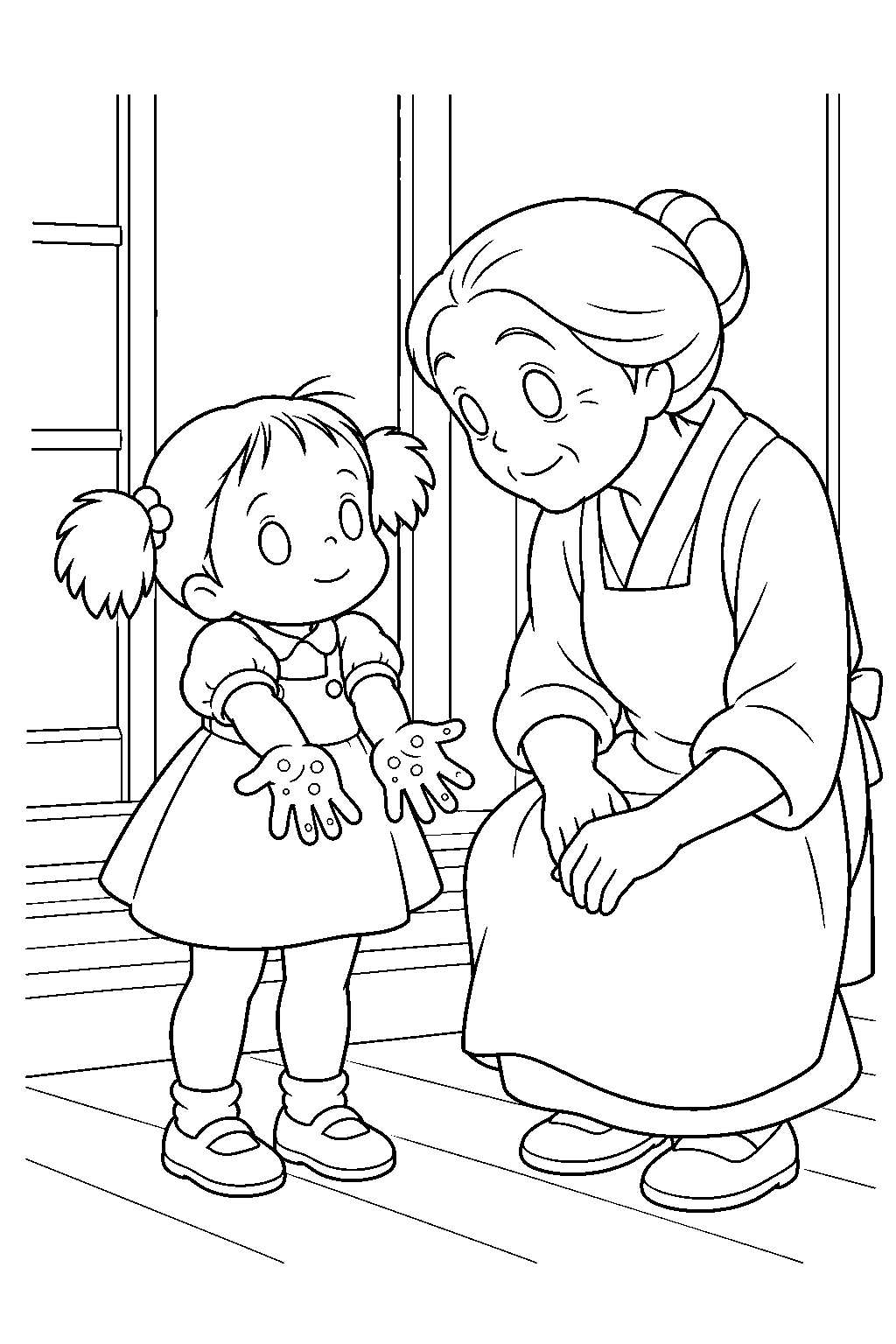 my neighbor totoro mei showing her soot covered palms to granny line art