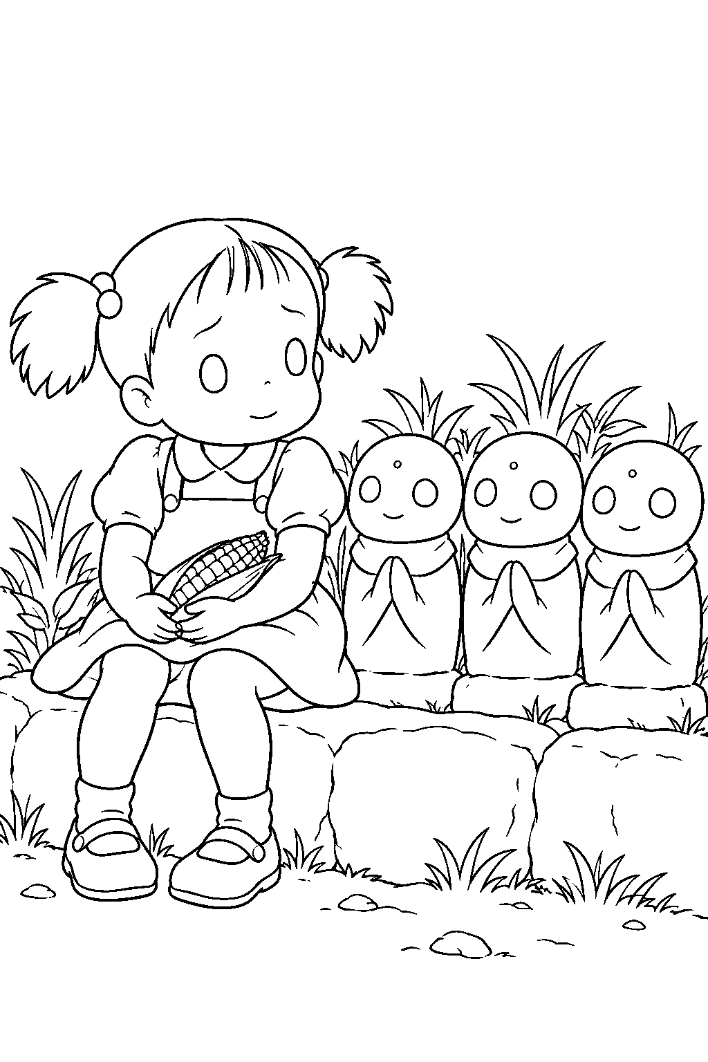 my neighbor totoro mei sitting beside roadside jizo statues with her ear of corn line art