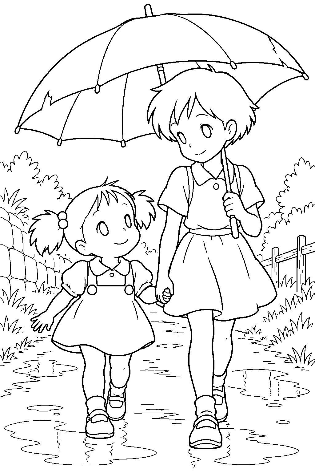 my neighbor totoro mei walking home with satsuki beneath kanta s umbrella line art