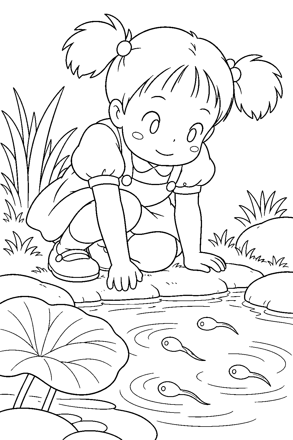my neighbor totoro mei watching tadpoles in the garden pond line art