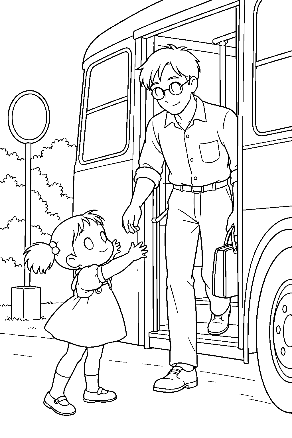 my neighbor totoro mei welcoming her father as he steps off the evening bus line art