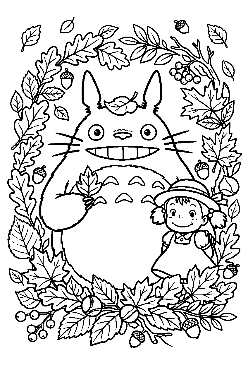 totoro and mei among autumn leaves line art