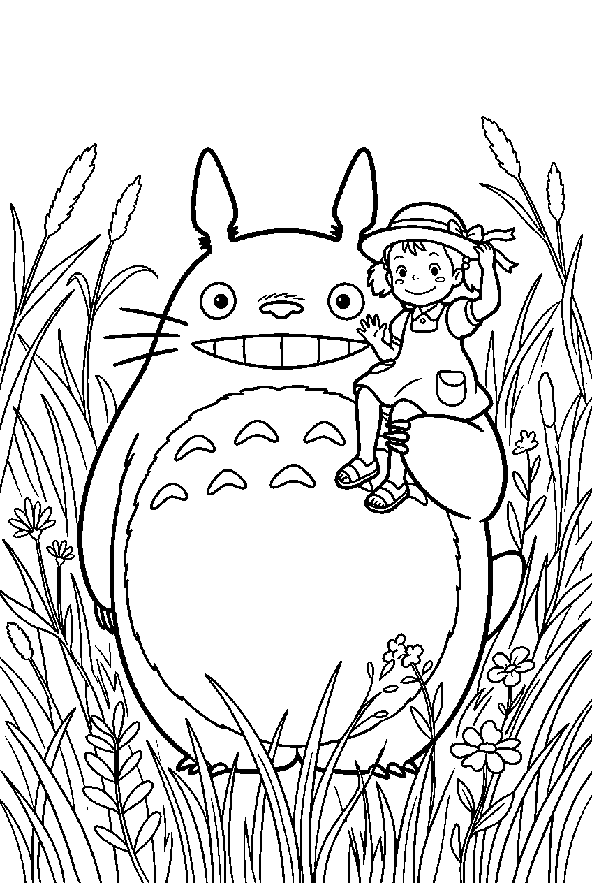 totoro and mei among tall grass line art