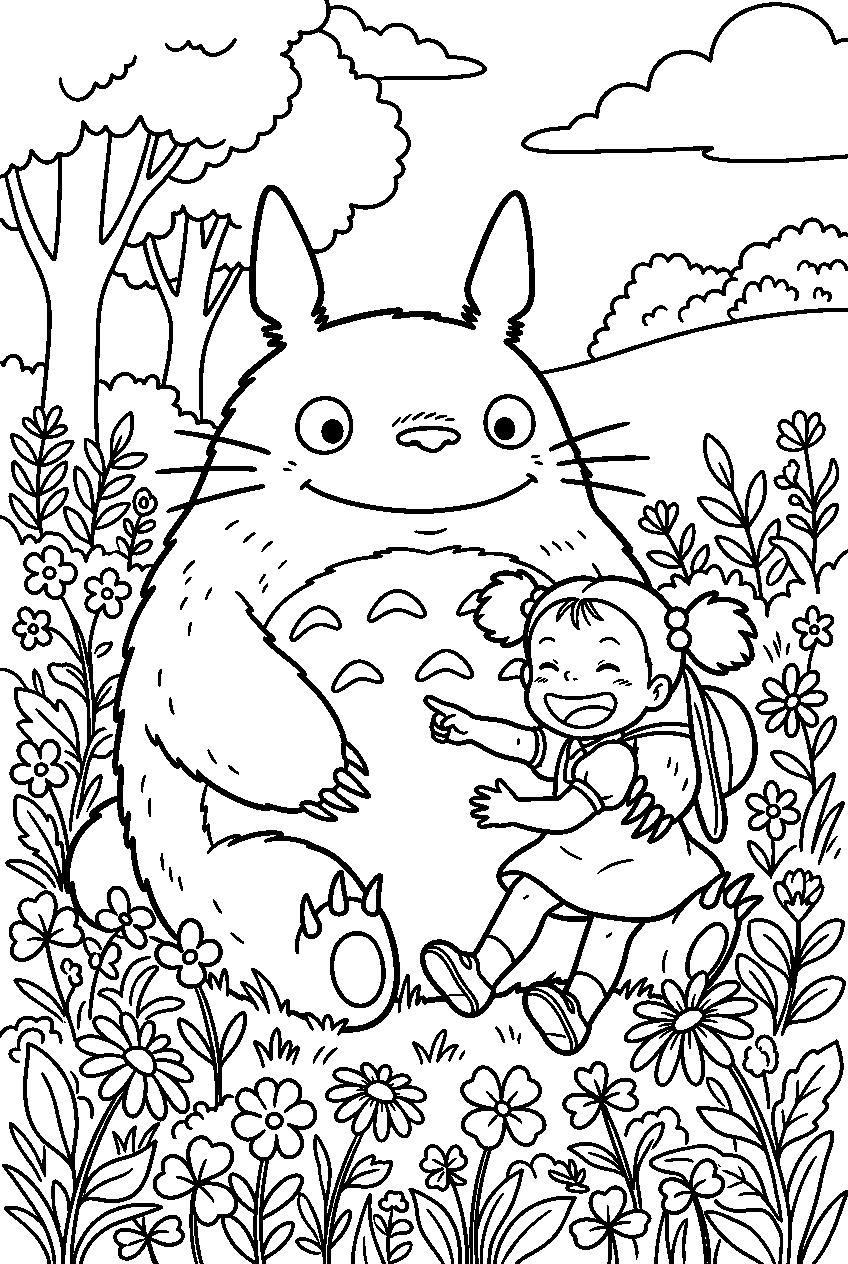 totoro and mei among wildflowers line art