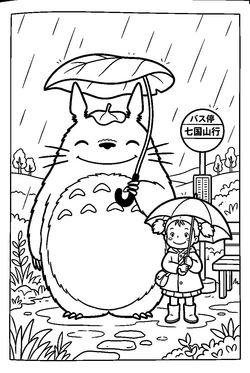 totoro and mei at bus stop in rain line art