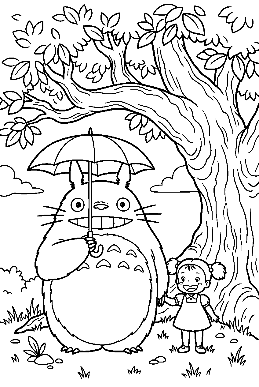 totoro and mei under giant camphor tree line art