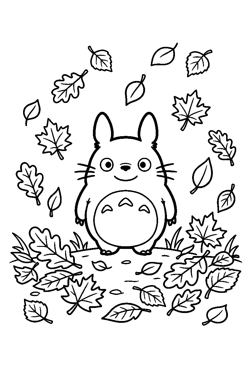 small totoro among autumn leaves line art
