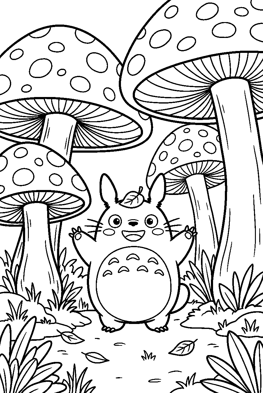 small totoro among giant mushrooms line art