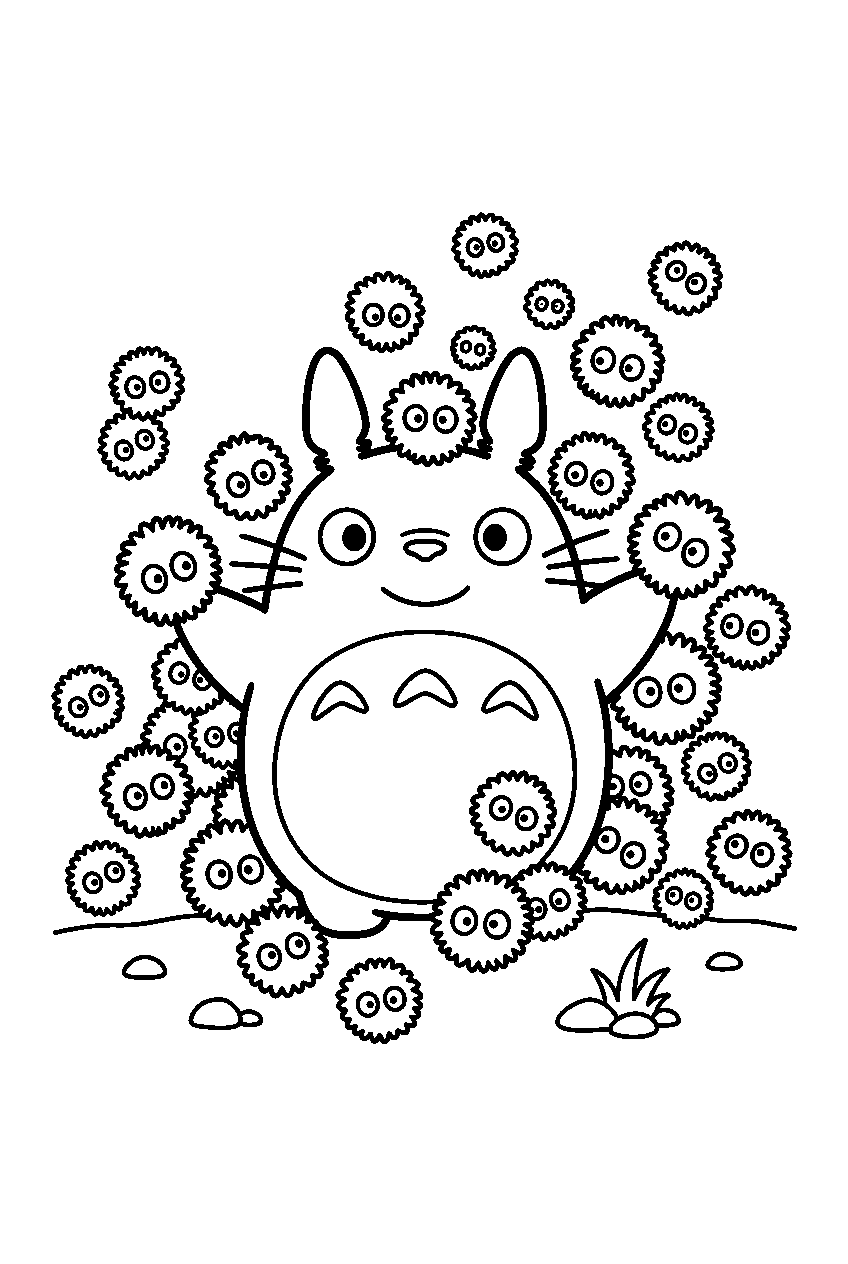 small totoro among soot sprites line art