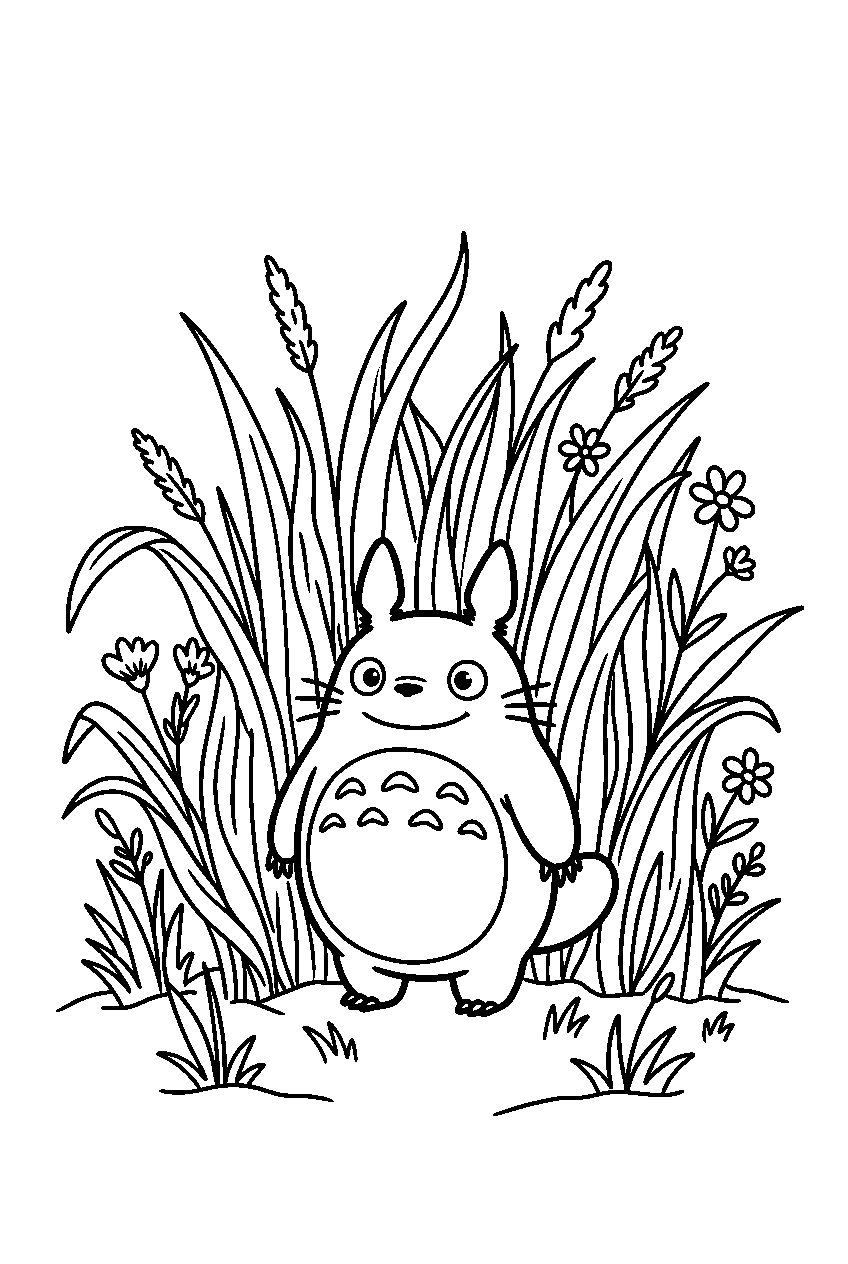 small totoro among tall grass line art
