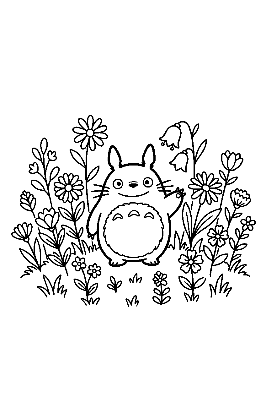 small totoro among wildflowers line art