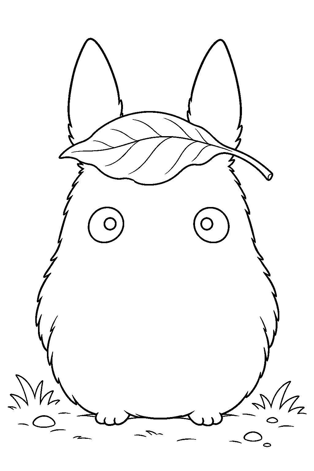 small totoro balancing a camphor leaf on his head line art