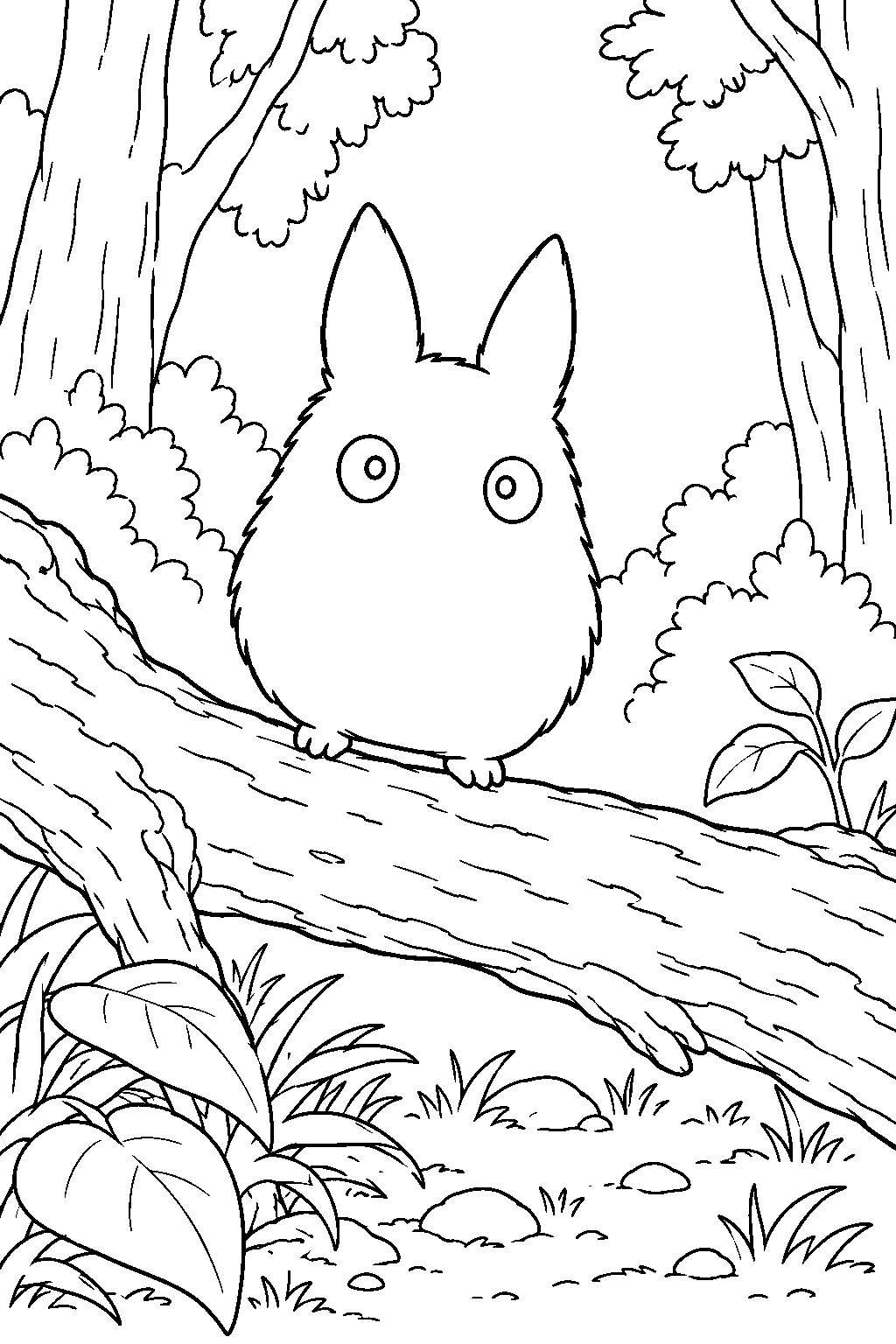 small totoro balancing on a fallen branch above the forest floor line art