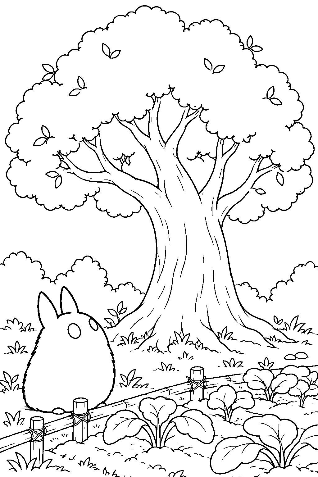 small totoro beneath the giant tree growing from the garden line art