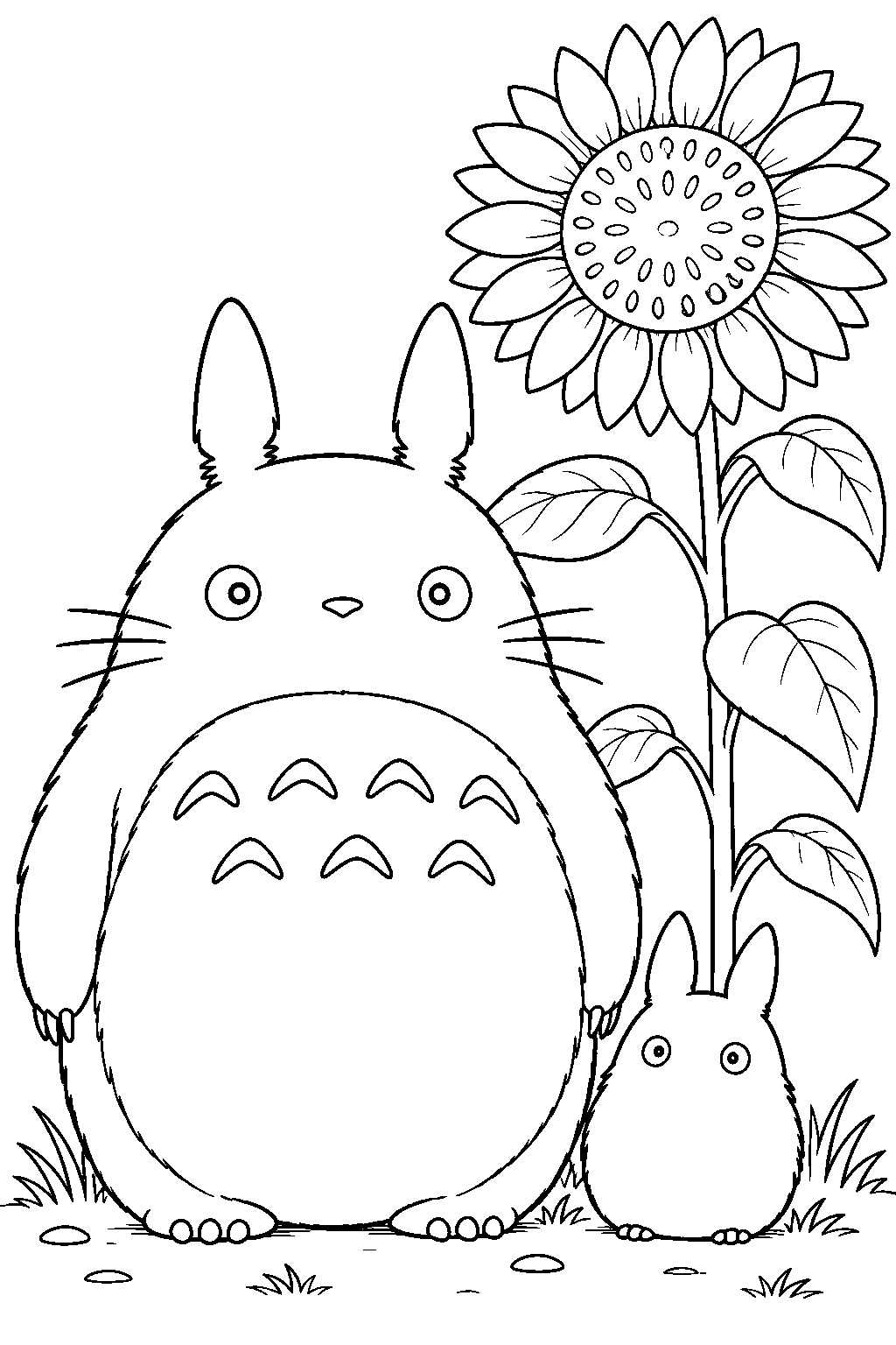 small totoro beside big totoro and a towering sunflower line art