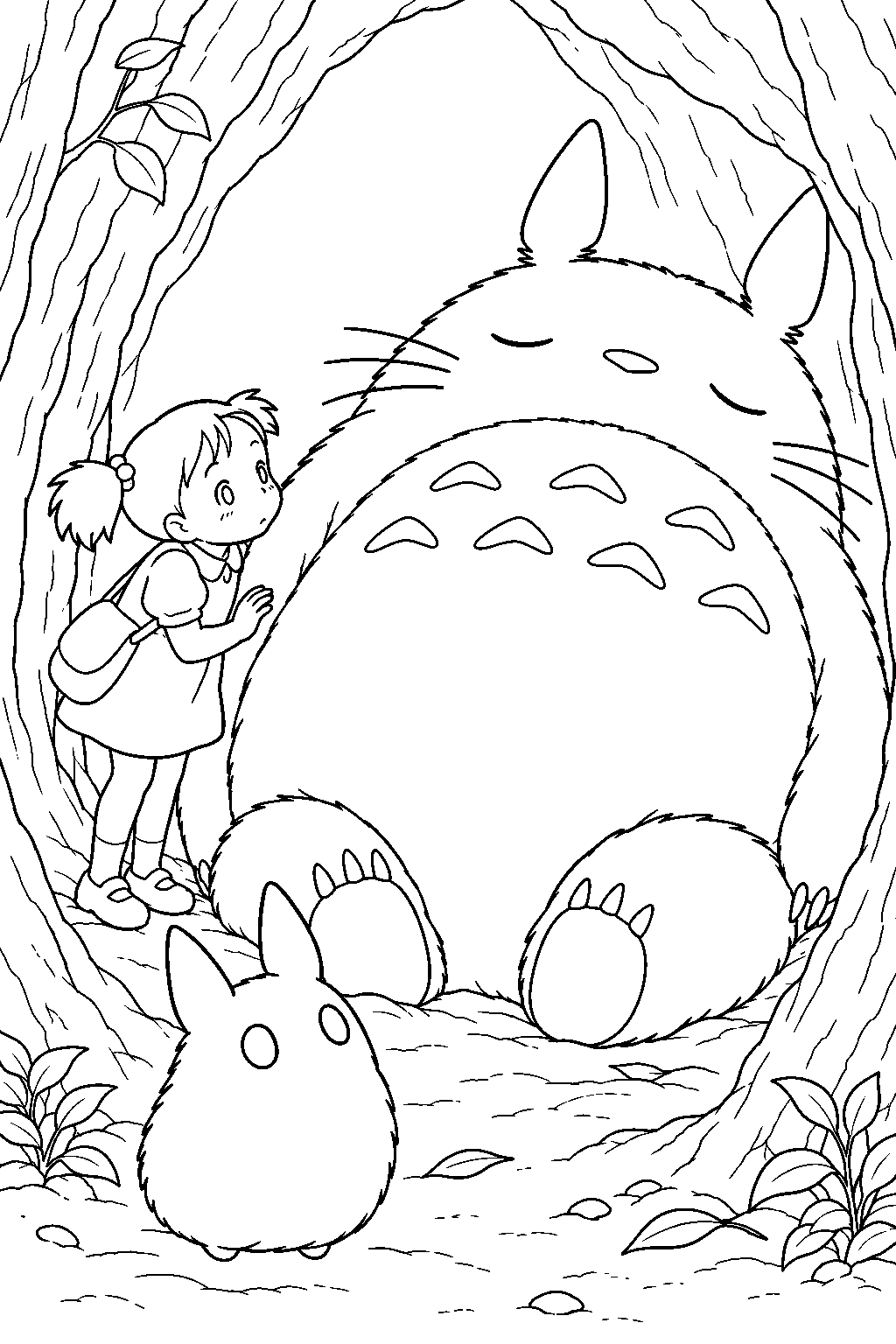 small totoro beside mei as she discovers sleeping big totoro line art