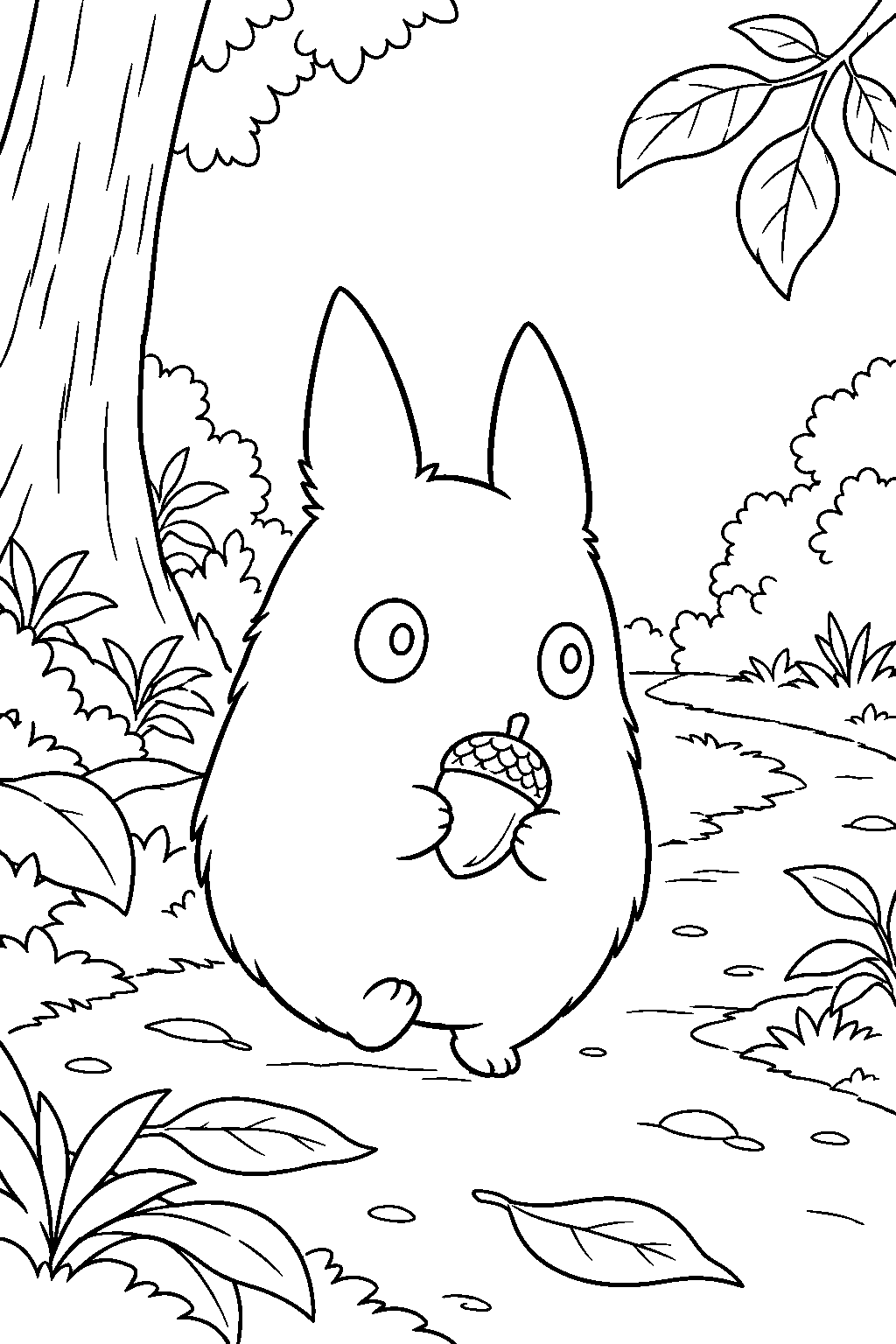 small totoro carrying an acorn along a woodland path line art