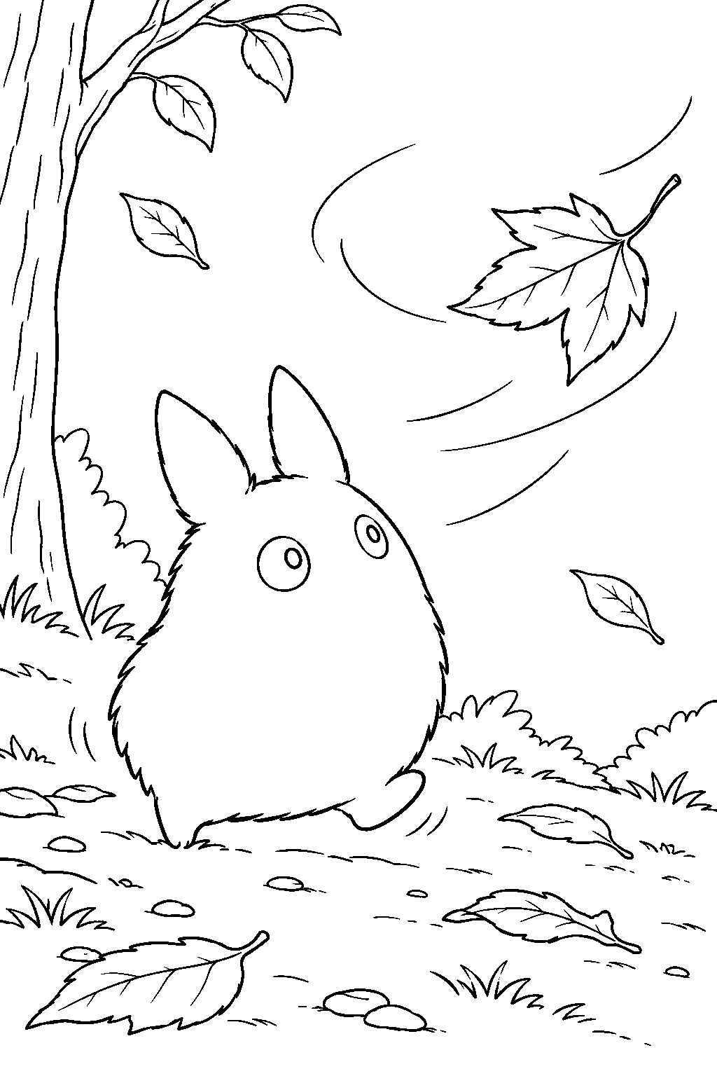 small totoro chasing a leaf carried by the autumn wind line art