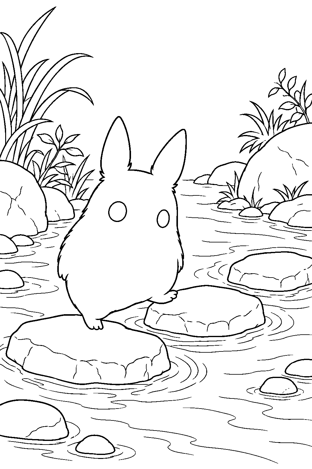 small totoro crossing a shallow stream on stepping stones line art