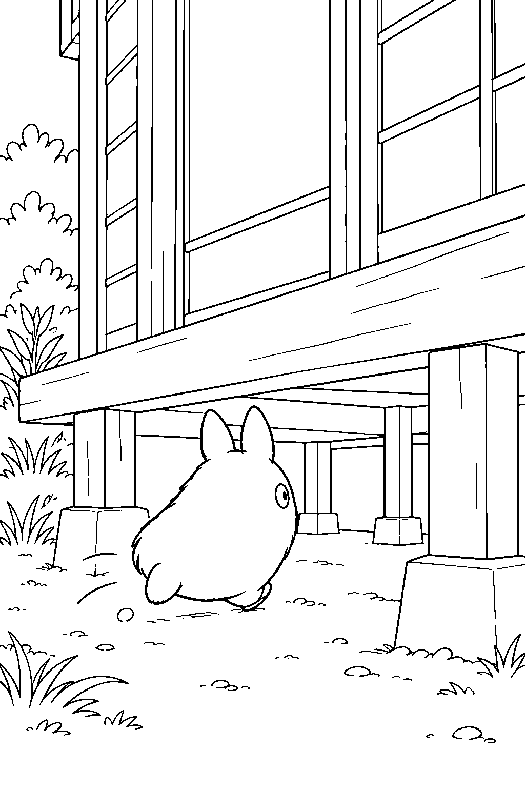 small totoro darting beneath the kusakabe house porch line art