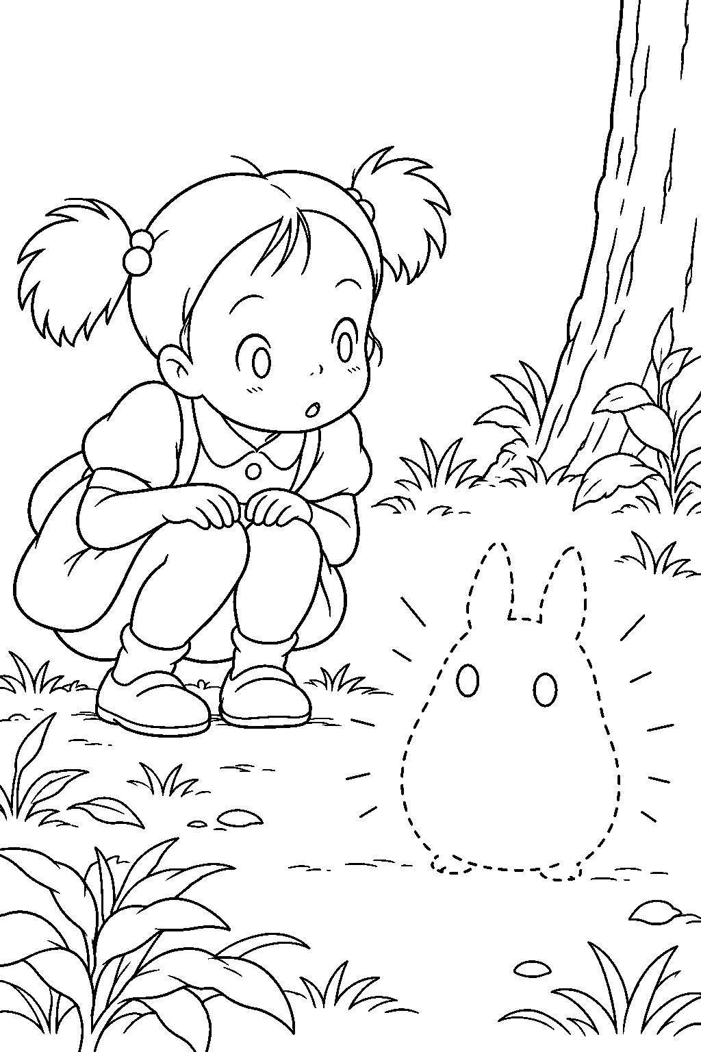 small totoro disappearing from sight while mei watches line art