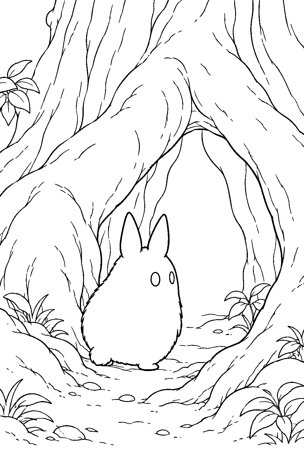 small totoro entering the hidden hollow beneath the camphor tree line art