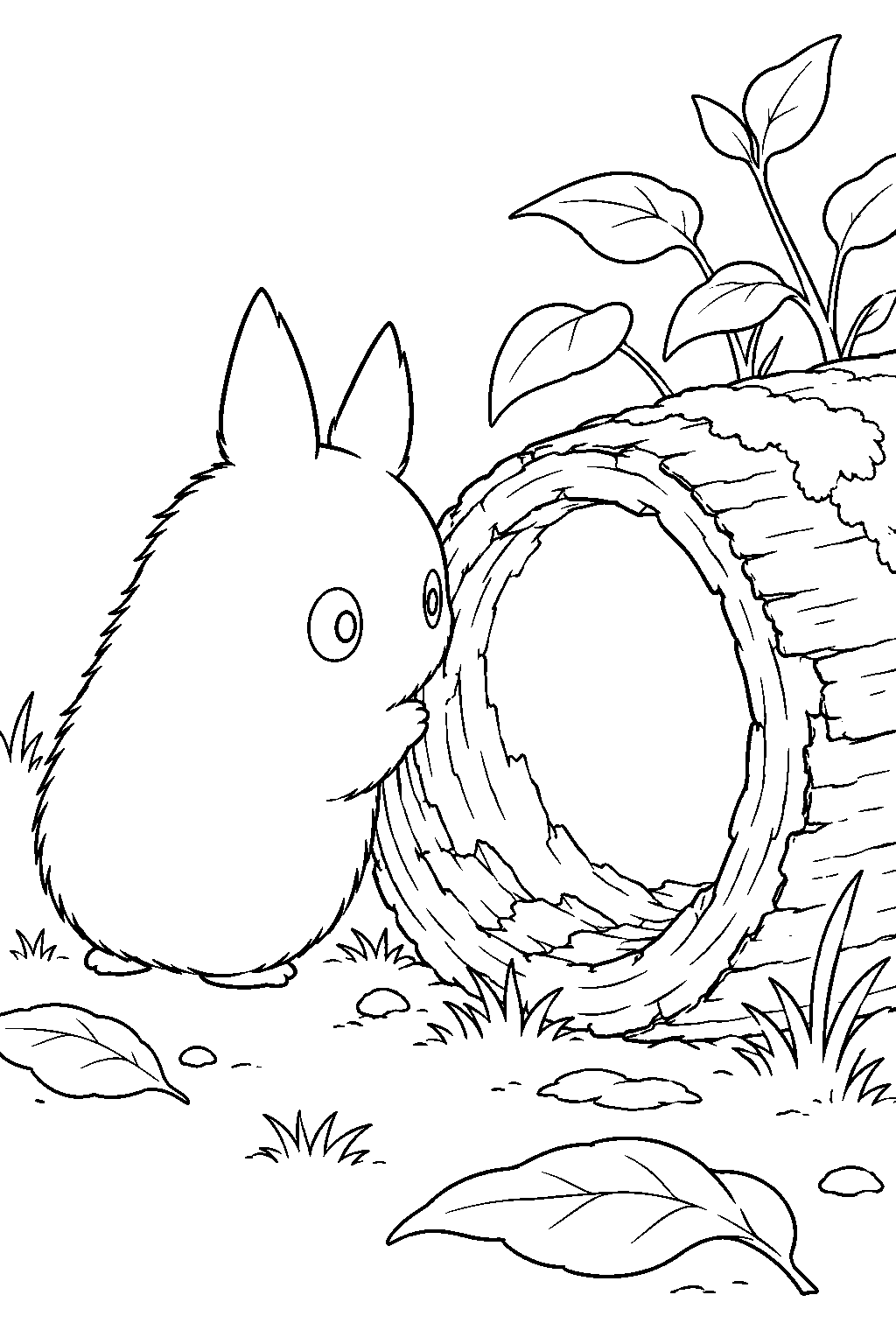 small totoro exploring a fallen hollow log line art
