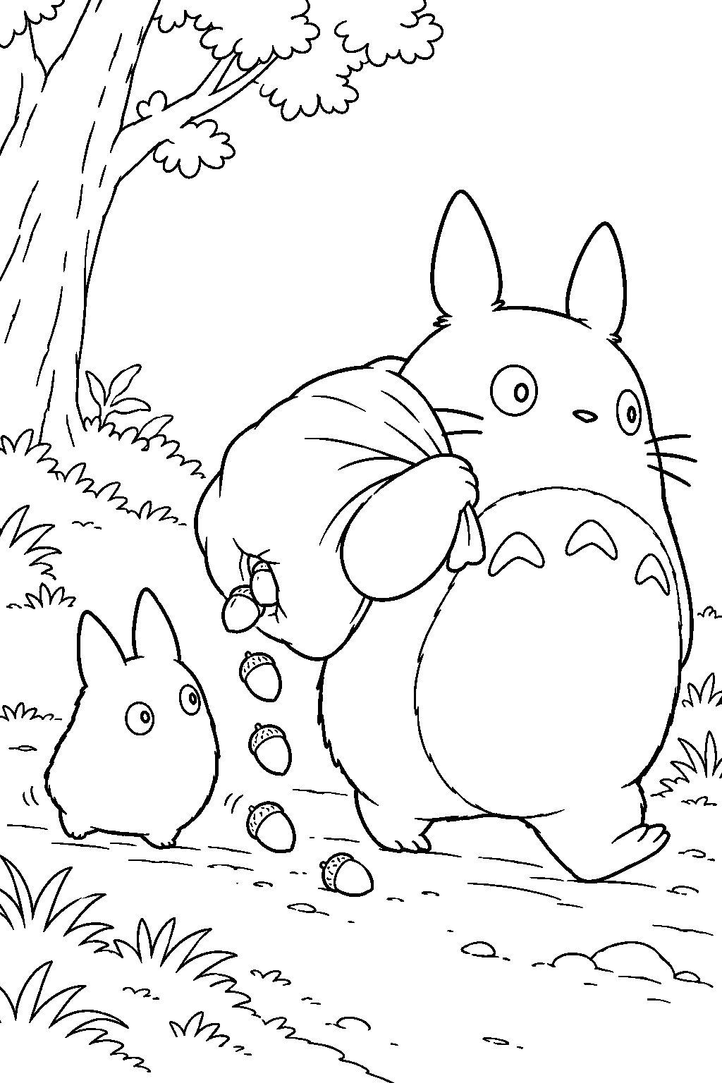 small totoro following acorns spilling from chu totoro s sack line art