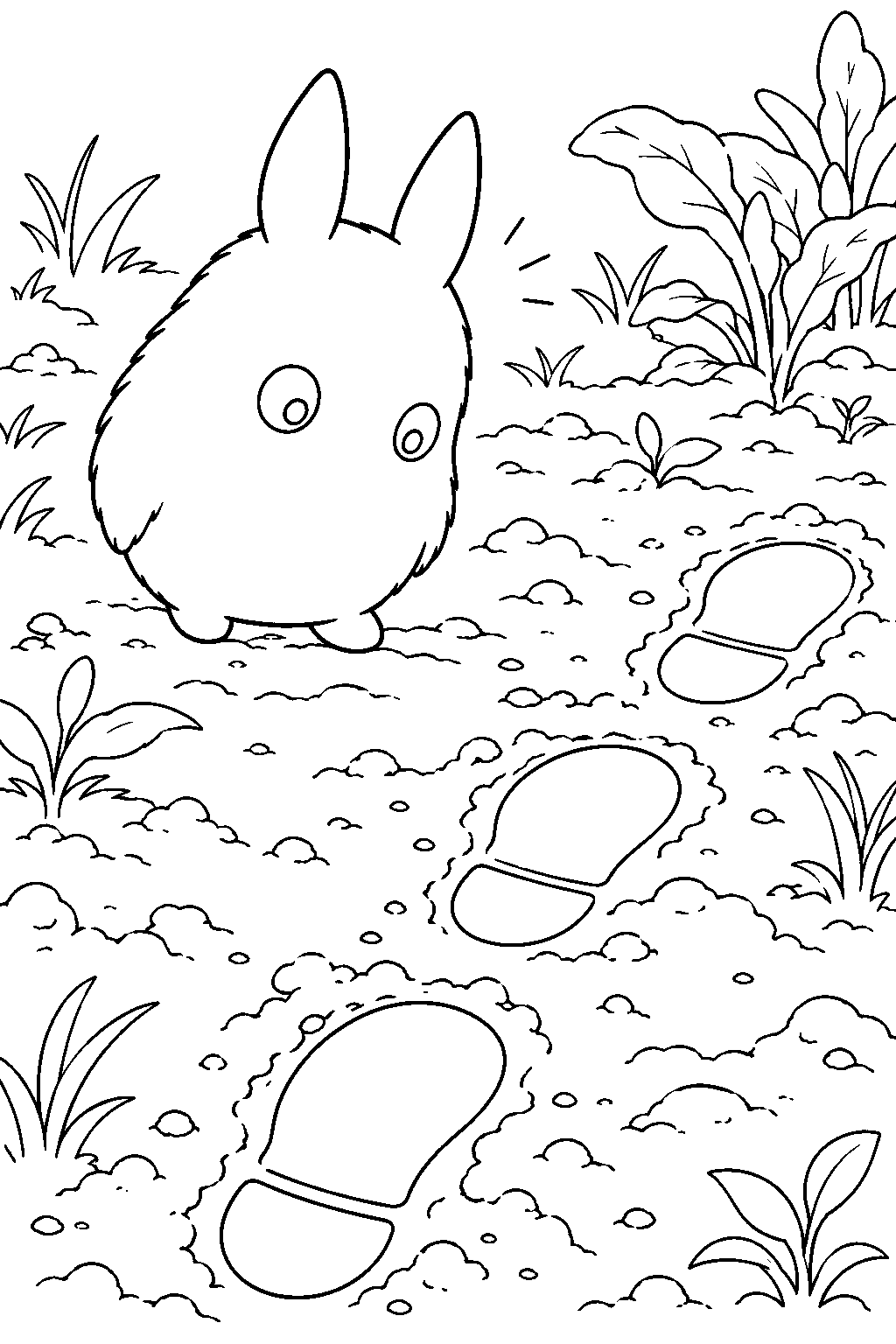 small totoro following mei s footprints across the muddy garden line art