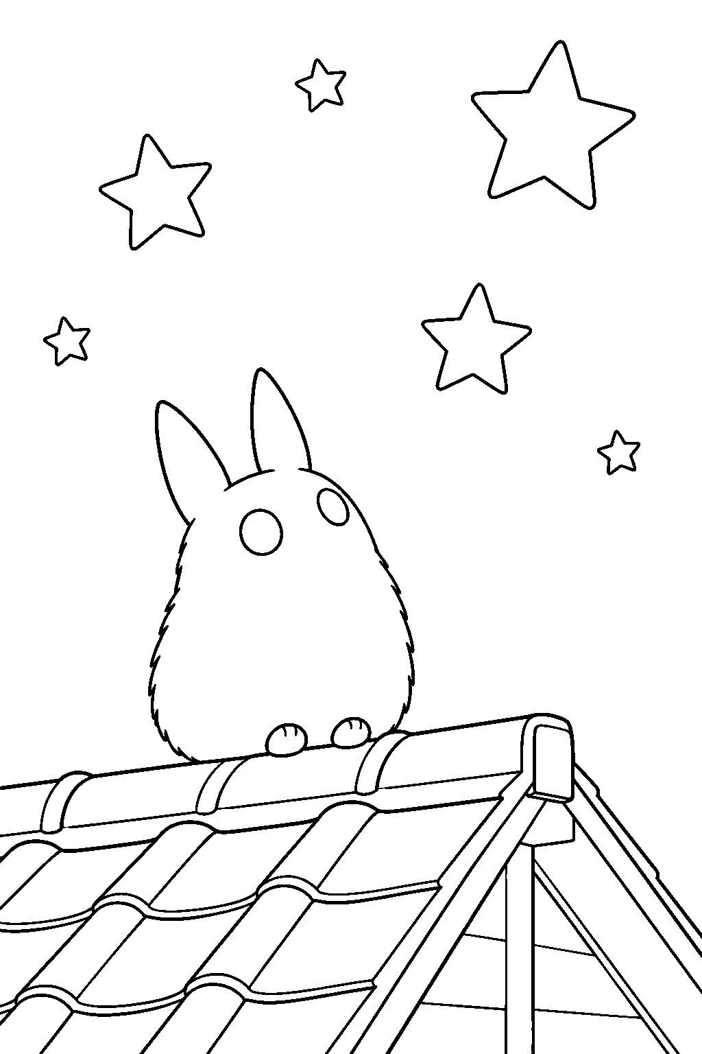small totoro gazing at stars from the kusakabe house roof line art