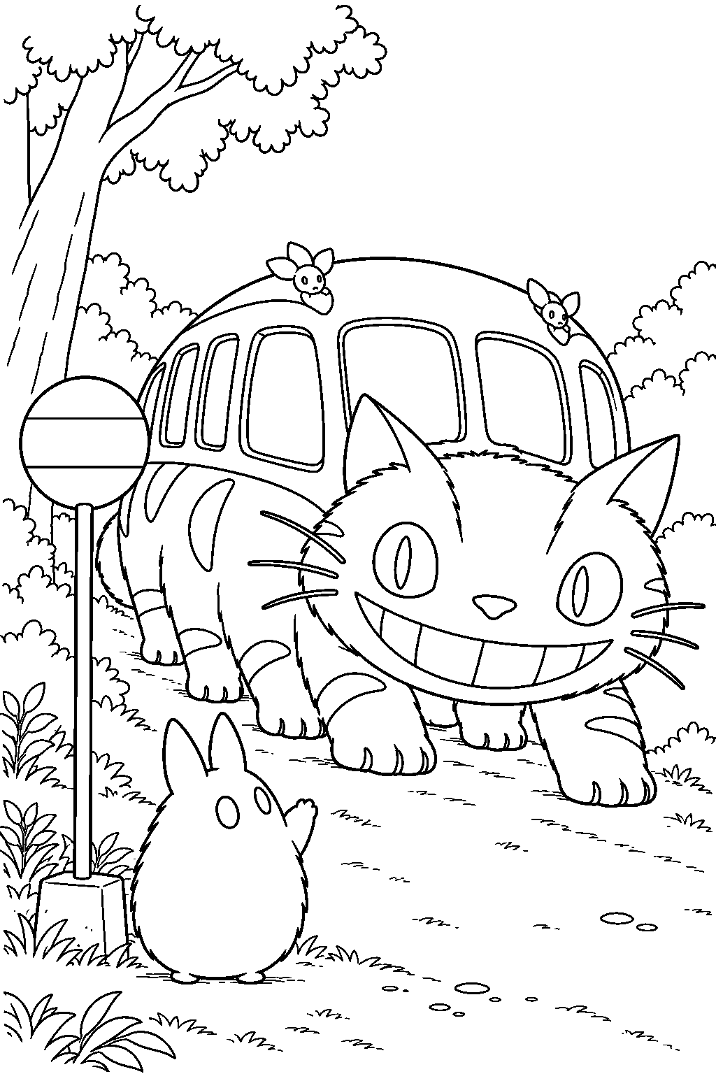 small totoro greeting catbus at a woodland bus stop line art