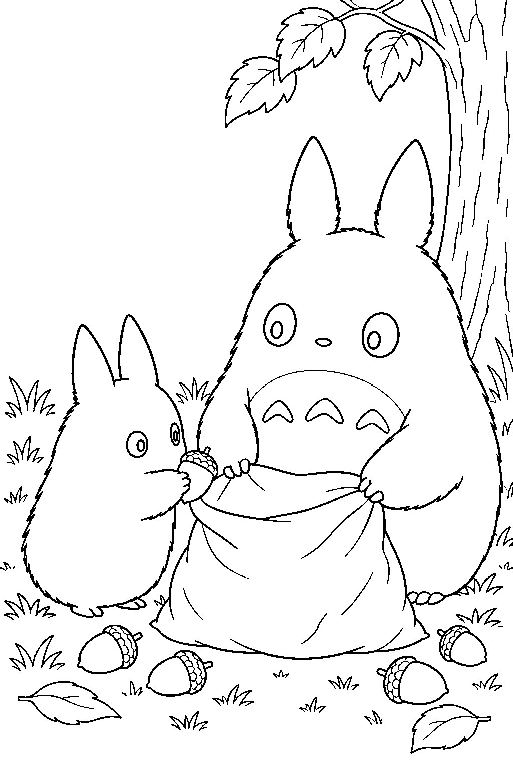 small totoro helping chu totoro fill an acorn sack line art