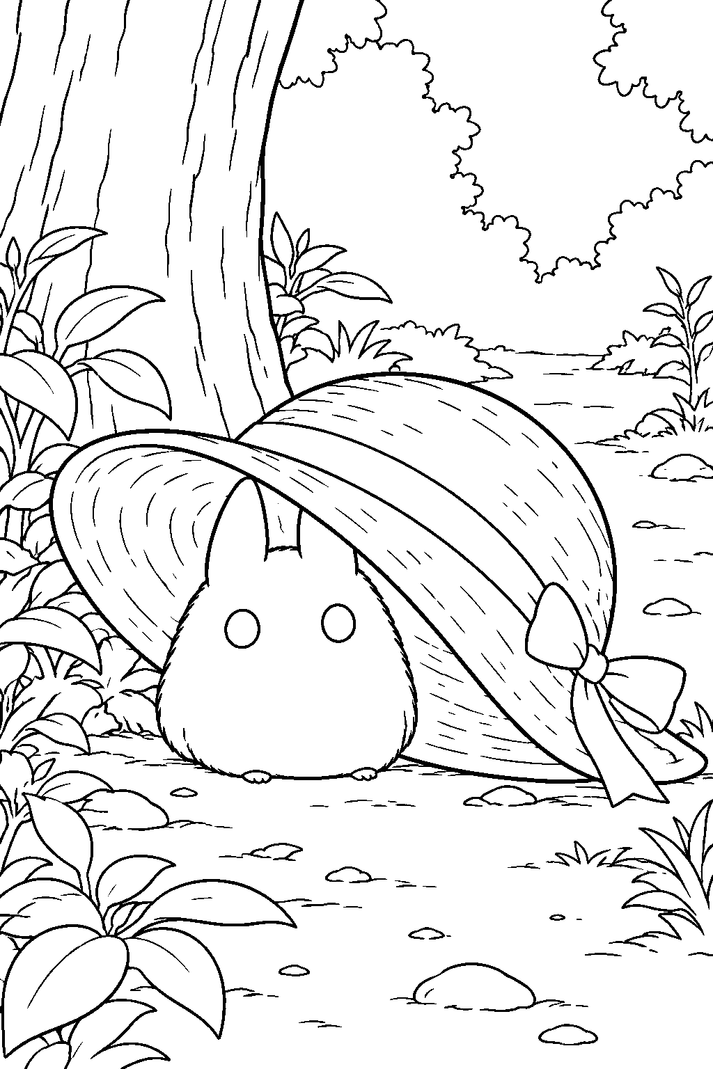 small totoro hiding beneath mei s sunhat at the forest entrance line art