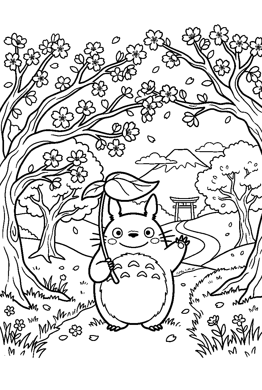 small totoro in cherry blossom grove line art