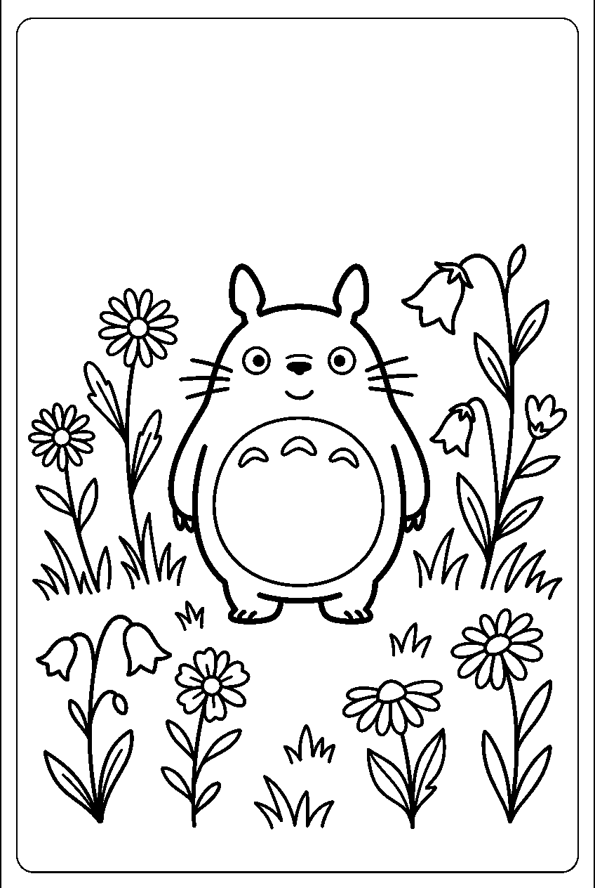 small totoro in flower meadow line art