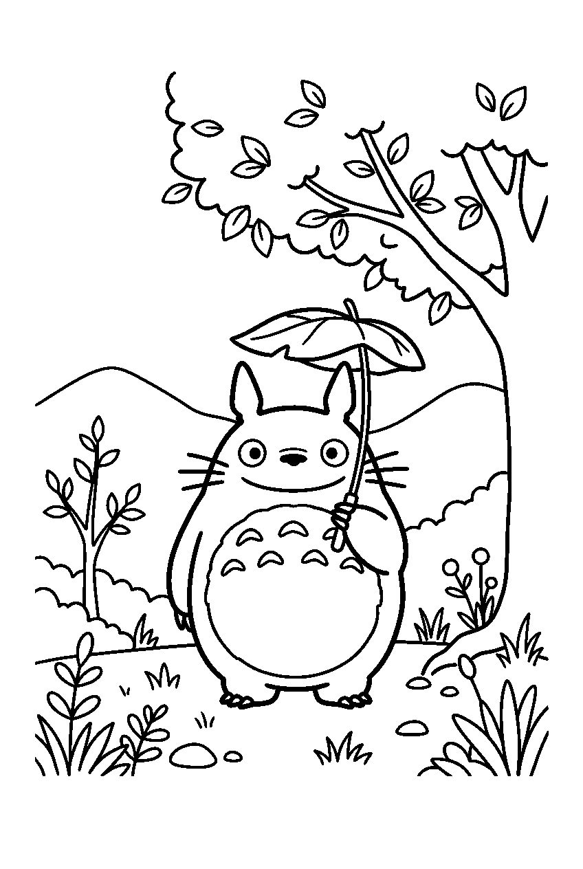 small totoro in forest clearing line art