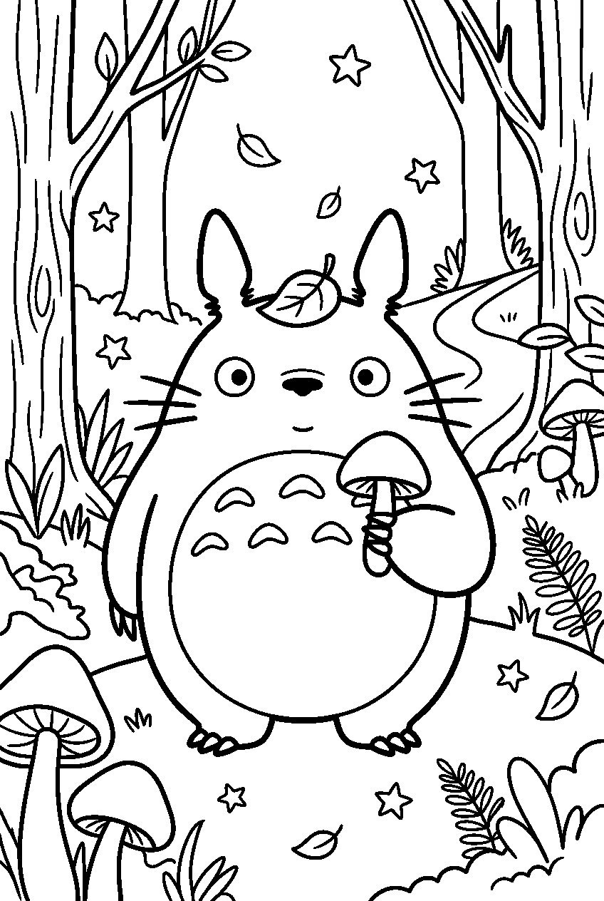 small totoro in magical forest line art