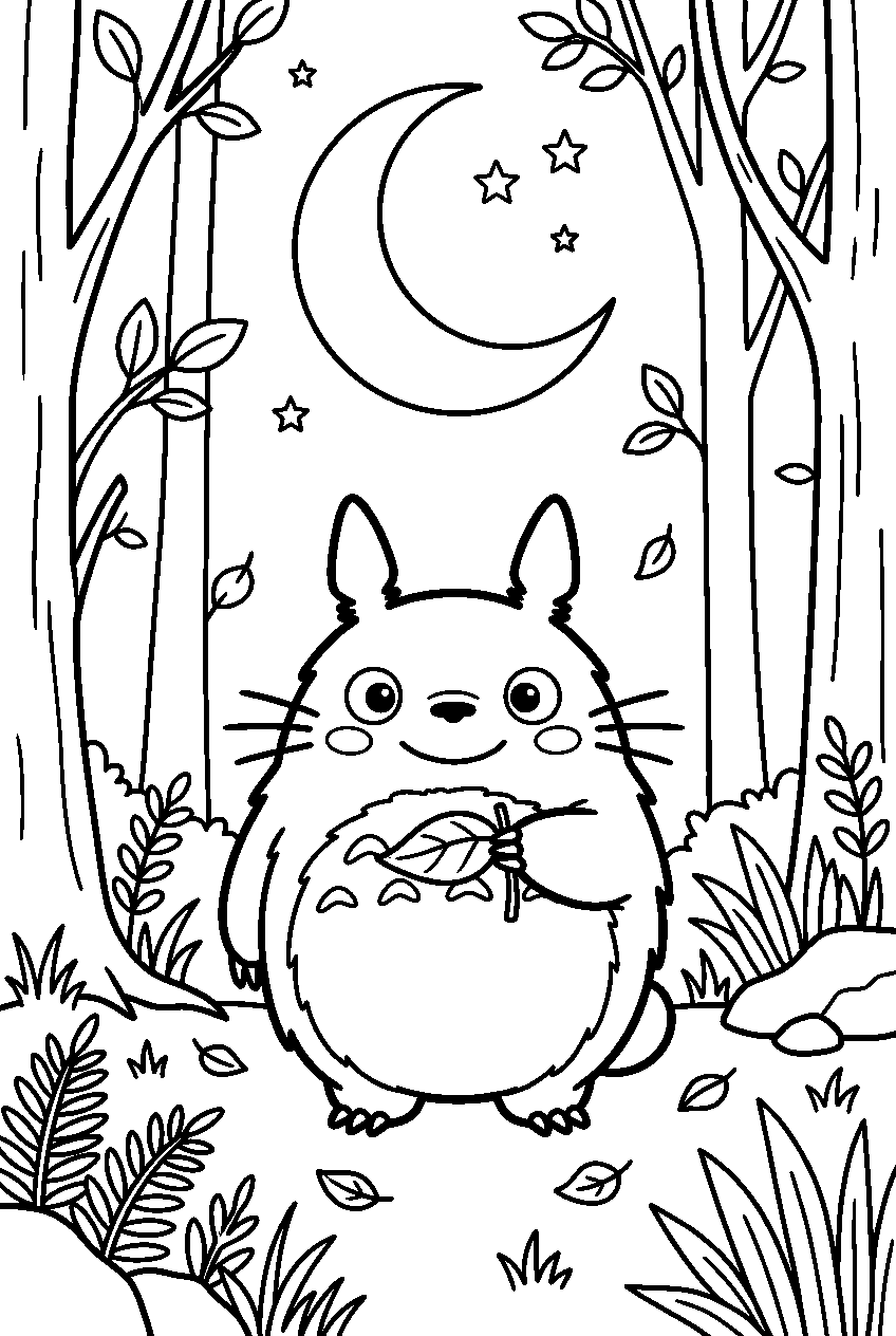 small totoro in moonlit forest line art