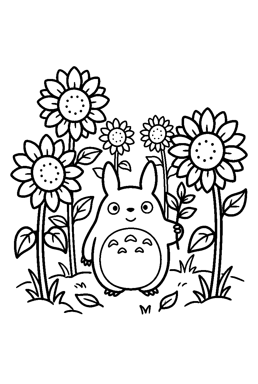 small totoro in sunflower field line art