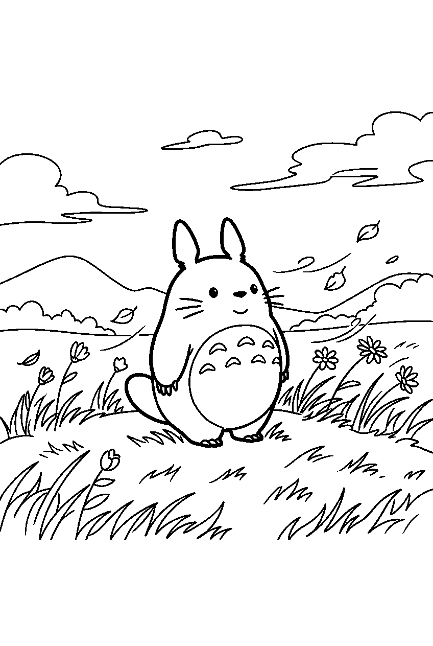 small totoro in windy field line art