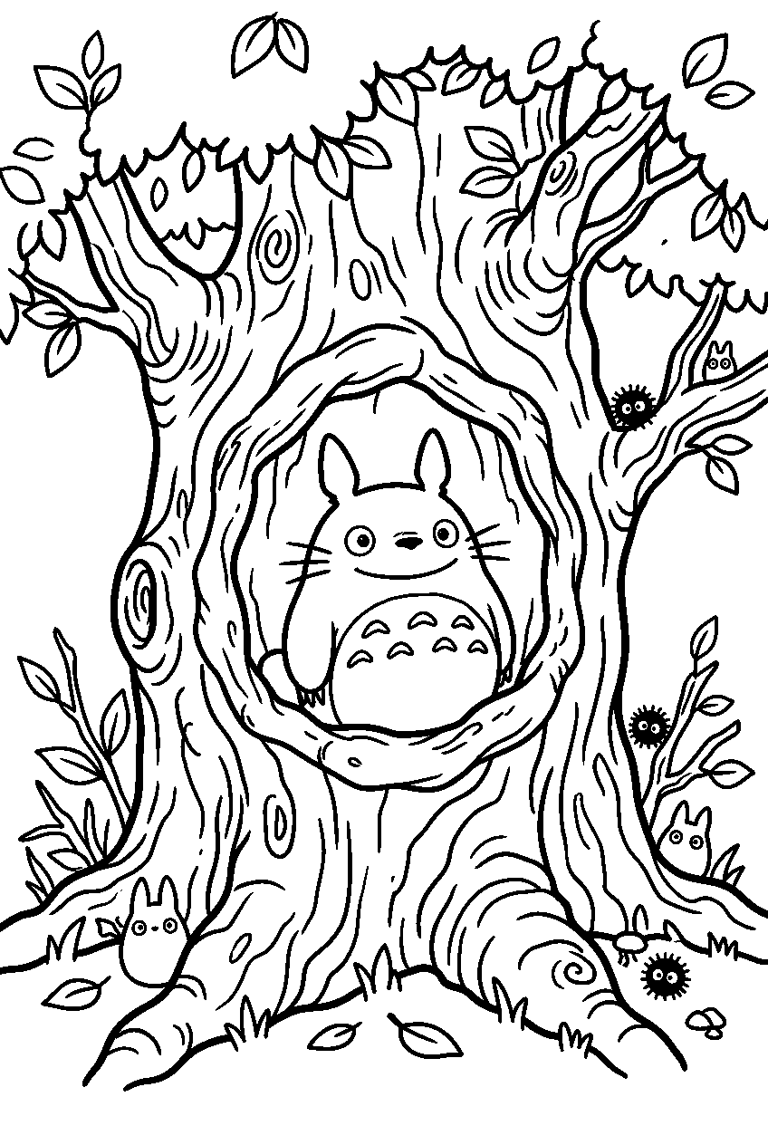 small totoro inside hollow tree line art