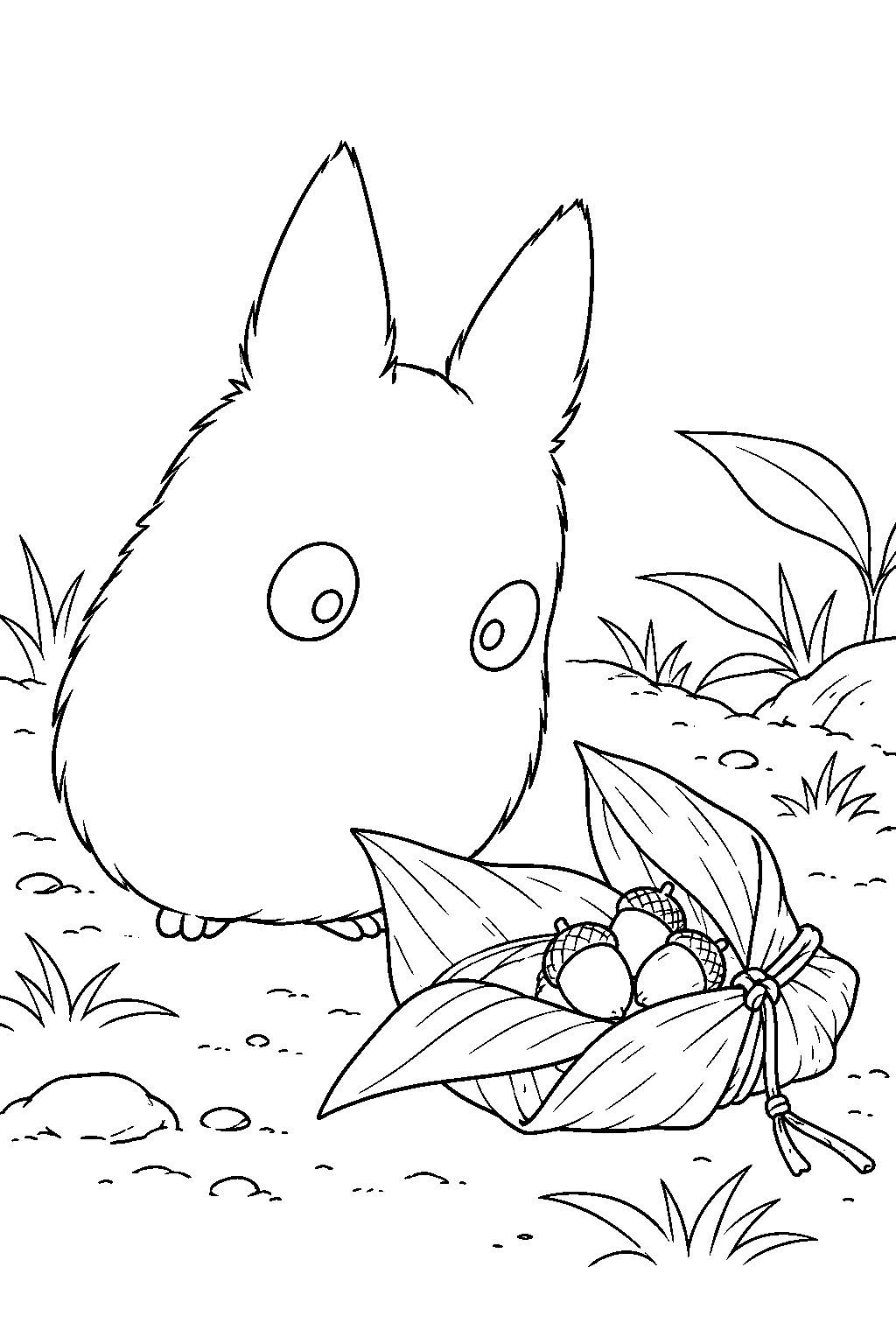 small totoro inspecting mei s bamboo leaf seed gift line art