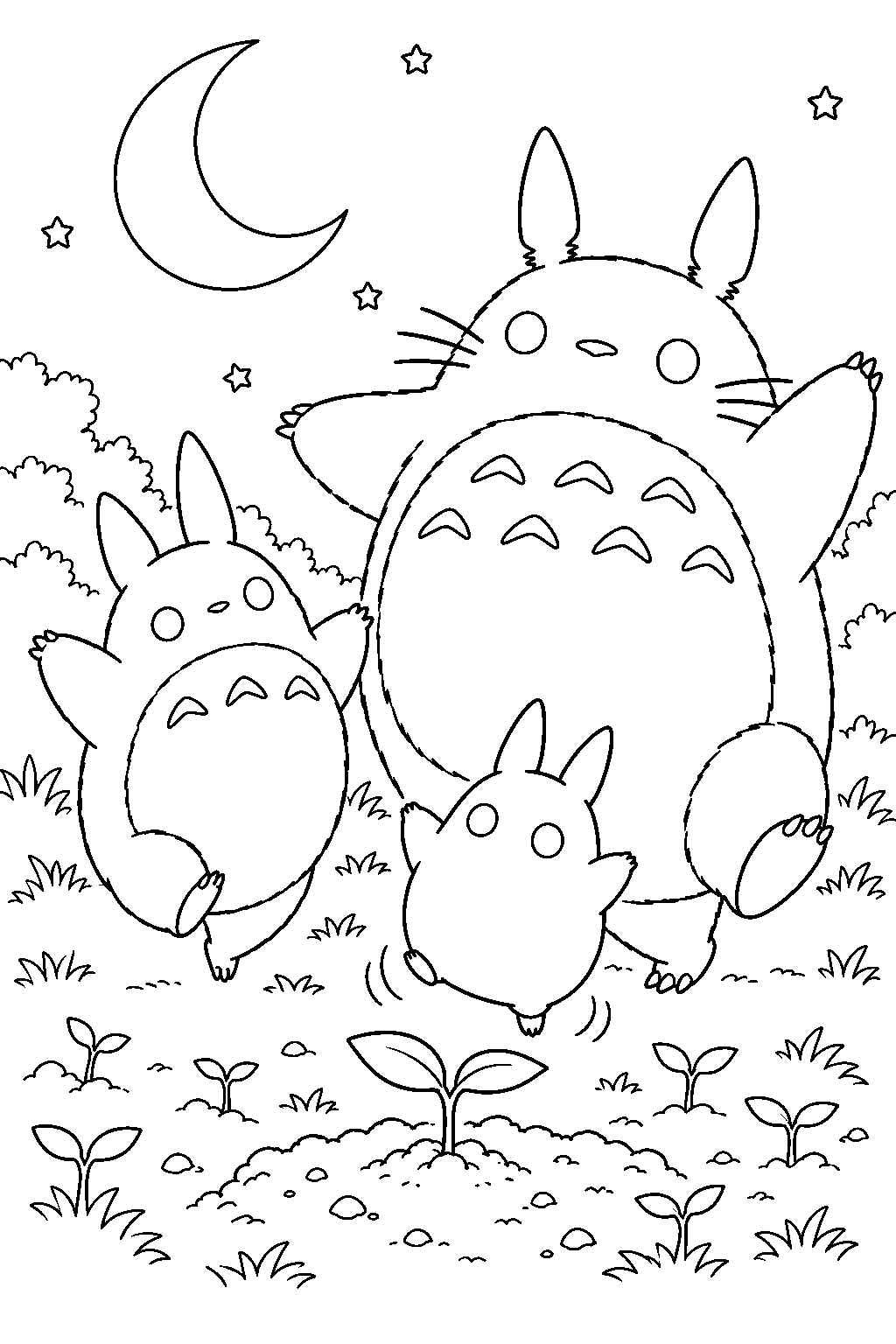 small totoro joining the moonlit seed growing dance line art