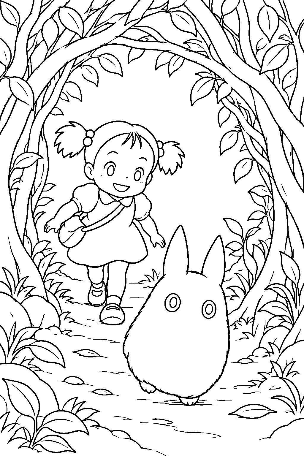 small totoro leading mei through a tunnel of tangled branches line art