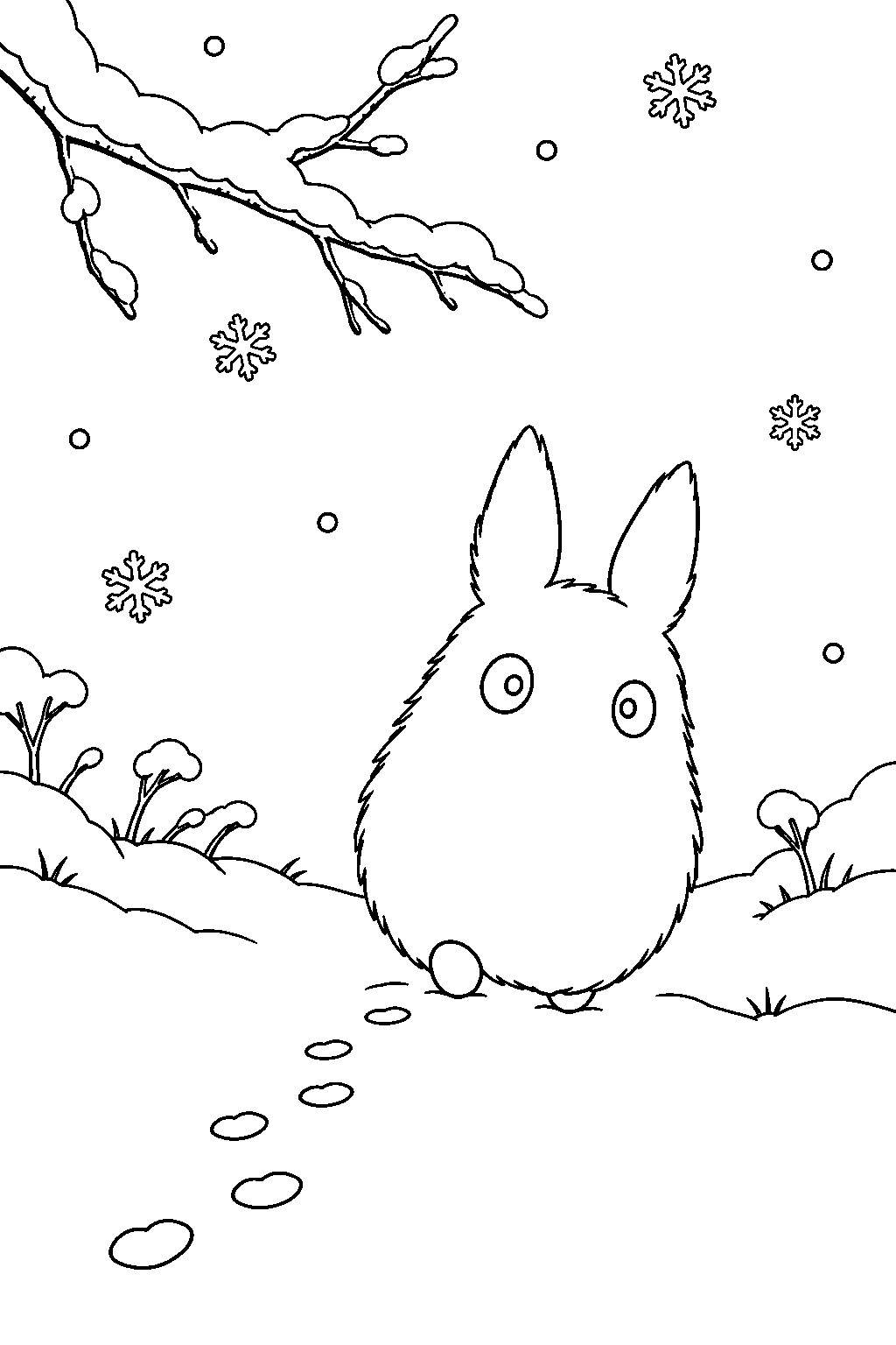 small totoro leaving tiny footprints in fresh woodland snow line art
