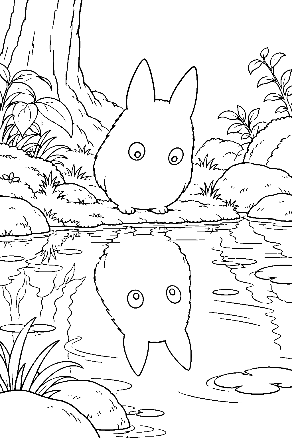 small totoro looking at his reflection in a forest pool line art