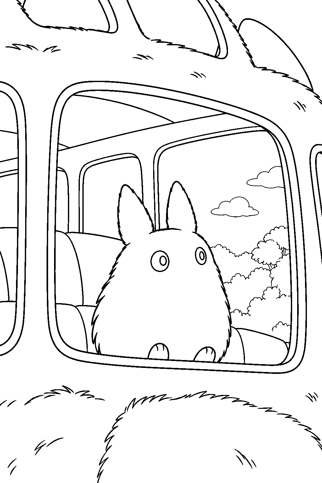 small totoro looking out through a catbus window line art