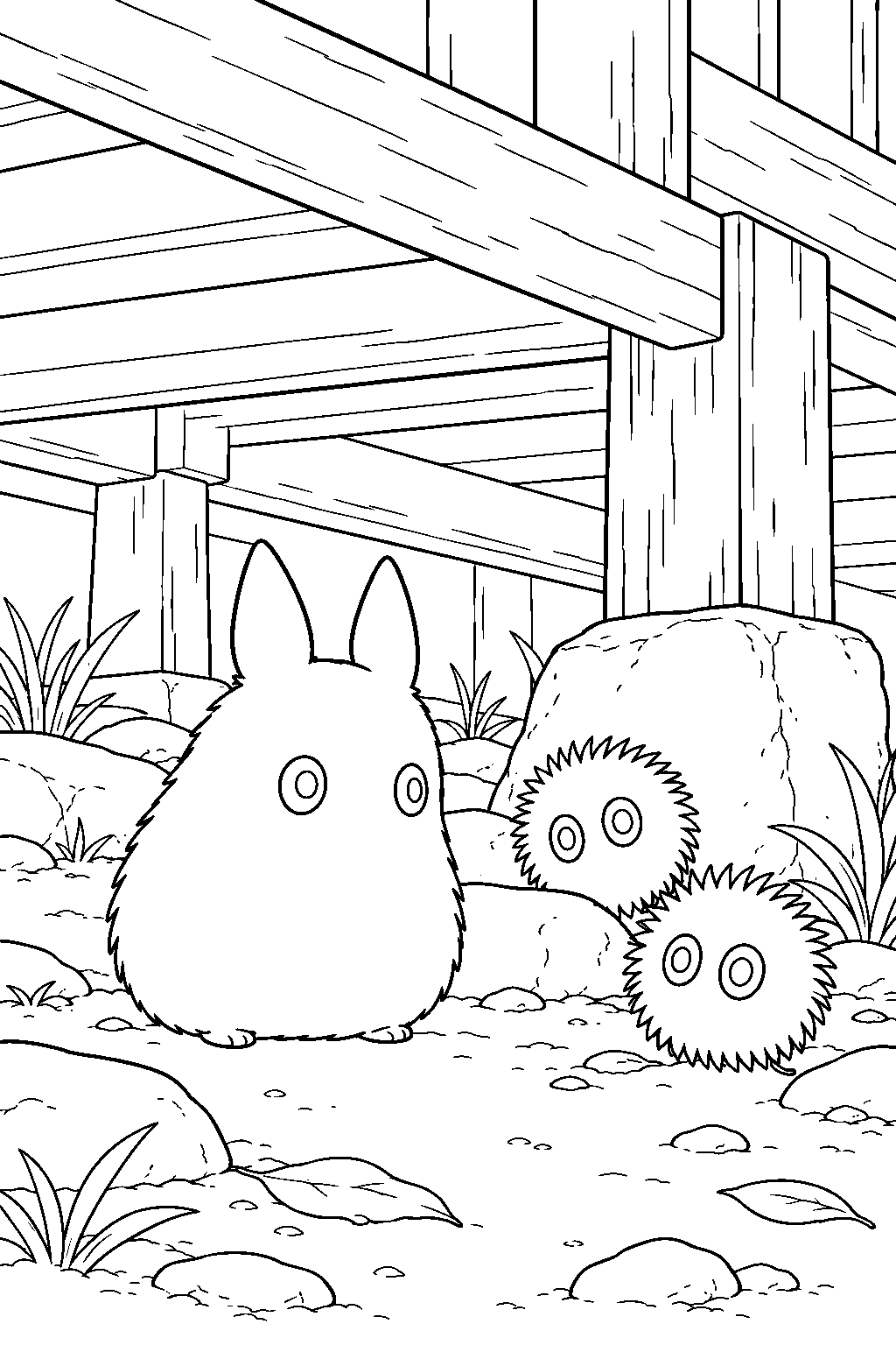 small totoro meeting soot sprites under the old house line art