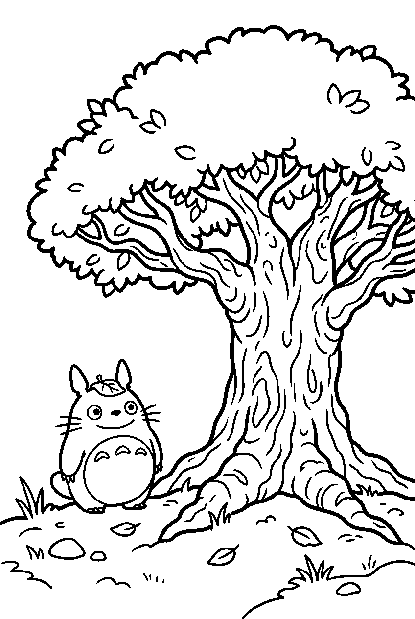 small totoro near ancient tree line art